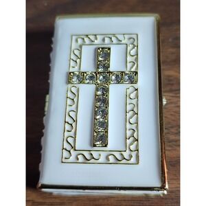 Bible With Cross Metal Enameled Rhinestone Hinged Mini‎ 3" Trinket Box Open Box